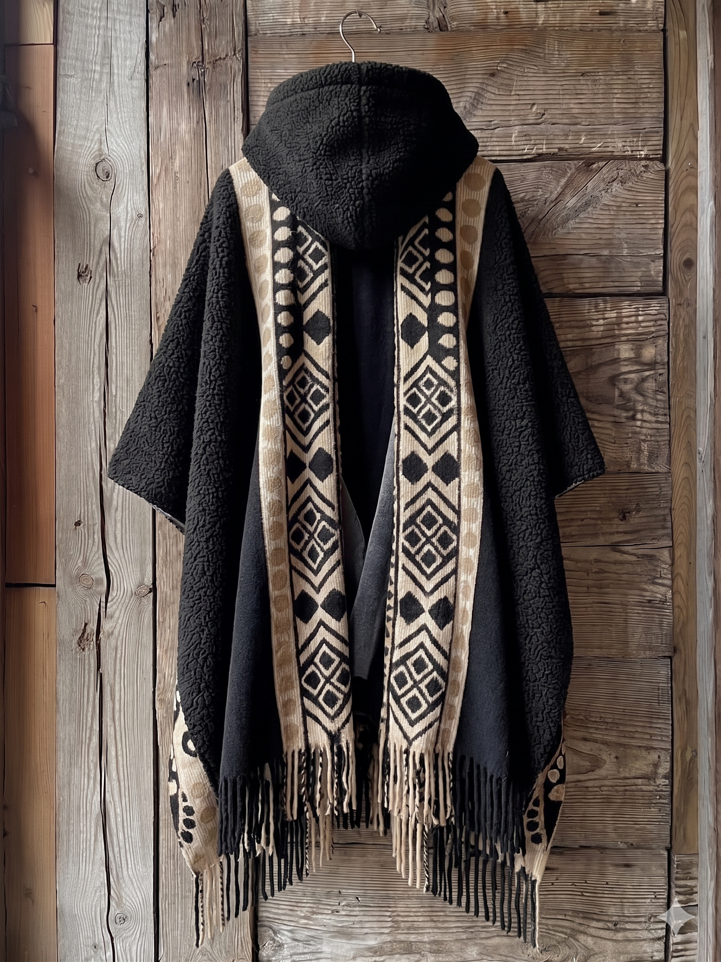 Black Moroccan-inspired hooded cape with soft fleece texture, beige tribal geometric patterns, and fringe detailing, displayed on a wooden hanger against a rustic wooden wall. Oversized winter poncho design combining traditional Berber aesthetics with modern comfort