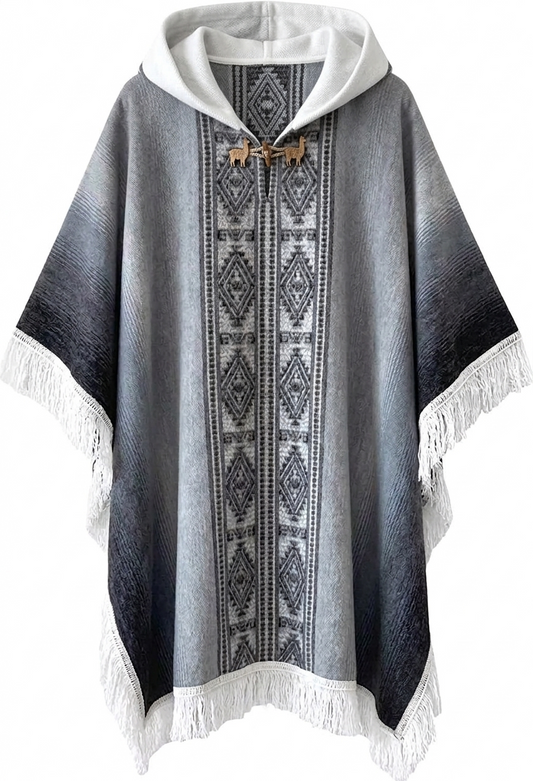 Gray poncho with white hood and fringe details on a white background