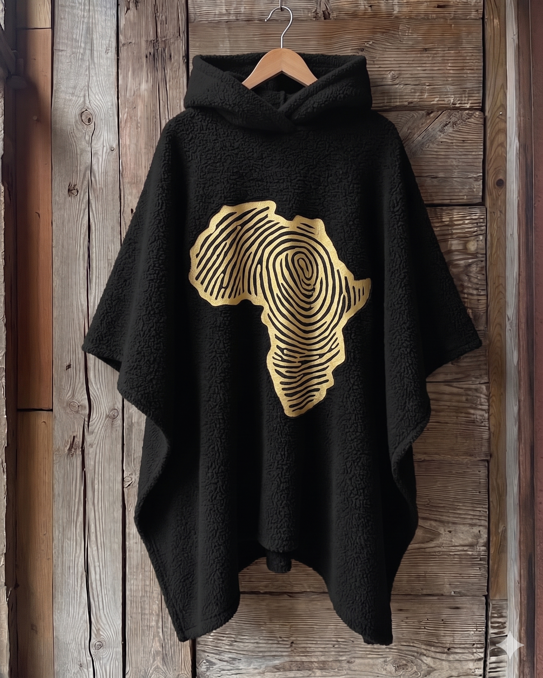 Black oversized hooded fleece cape featuring a large gold Africa-shaped fingerprint graphic on the back, hanging on a wooden hanger against a rustic wooden wall. Modern African-inspired poncho design with a relaxed silhouette and warm texture.