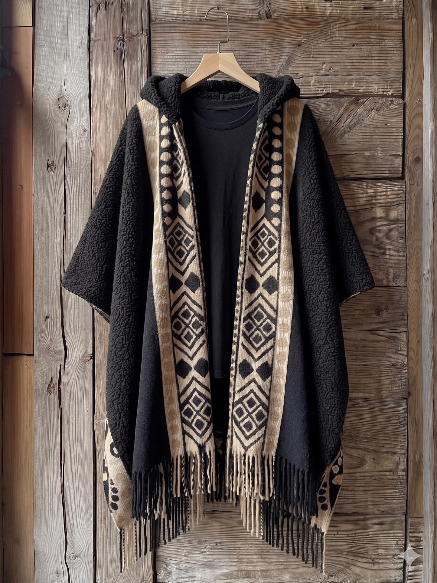 Black Moroccan-inspired hooded cape with soft fleece texture, beige tribal geometric patterns, and fringe detailing, displayed on a wooden hanger against a rustic wooden wall. Oversized winter poncho design combining traditional Berber aesthetics with modern comfort