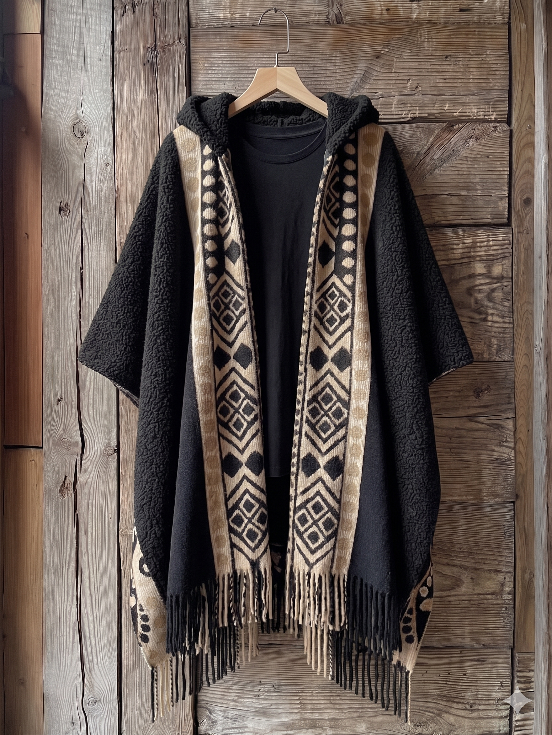Black Moroccan-inspired hooded cape with soft fleece texture, beige tribal geometric patterns, and fringe detailing, displayed on a wooden hanger against a rustic wooden wall. Oversized winter poncho design combining traditional Berber aesthetics with modern comfort