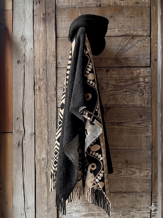 Black Moroccan-inspired hooded cape with soft fleece texture, beige tribal geometric patterns, and fringe detailing, displayed on a wooden hanger against a rustic wooden wall. Oversized winter poncho design combining traditional Berber aesthetics with modern comfort